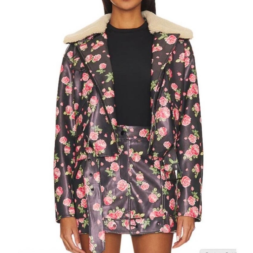 For Love & Lemons Wren Vegan Leather Moto Jacket Rose Floral Print